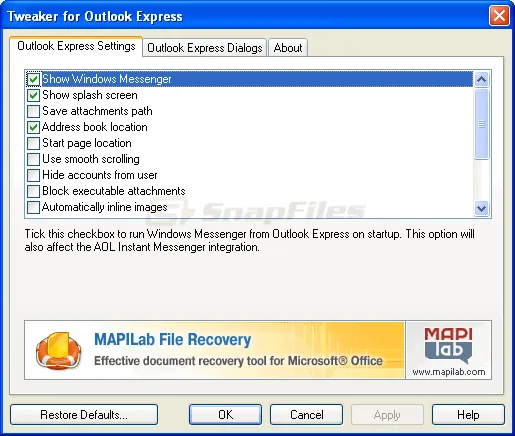 Tweaker for Outlook Express Capture d'écran 1
