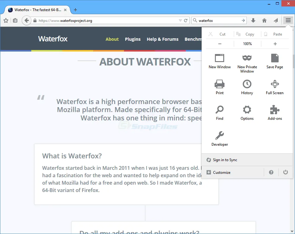 Waterfox Capture d'écran 2