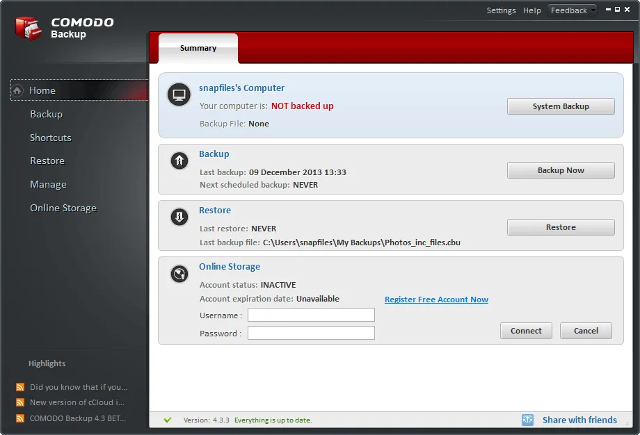 Comodo Backup Capture d'écran 1