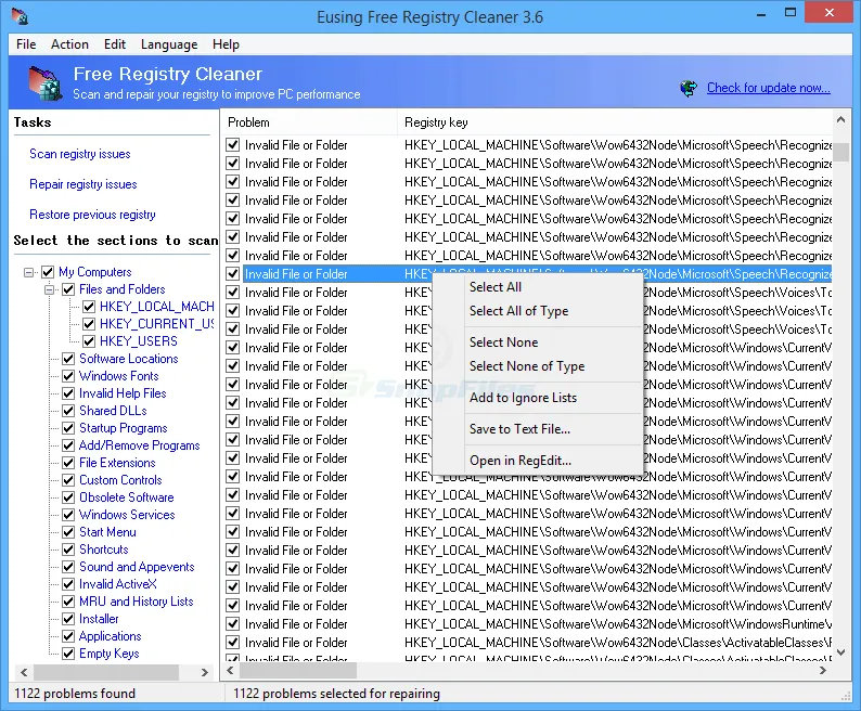 Eusing Free Registry Cleaner Capture d'écran 1