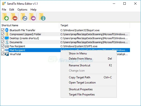SendTo Menu Editor Capture d'écran 1